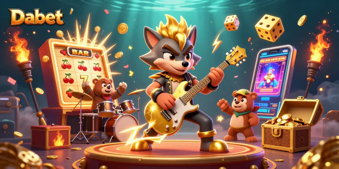 Dabet's vibrant casino scene with a rock star wolf and drummer bear igniting excitement and jackpots.
