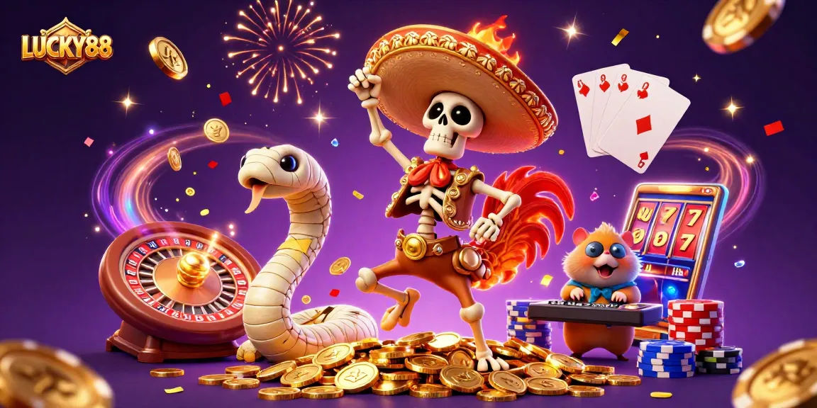 LUCKY88 celebrates with animated characters surrounded by casino elements, featuring vibrant graphics.