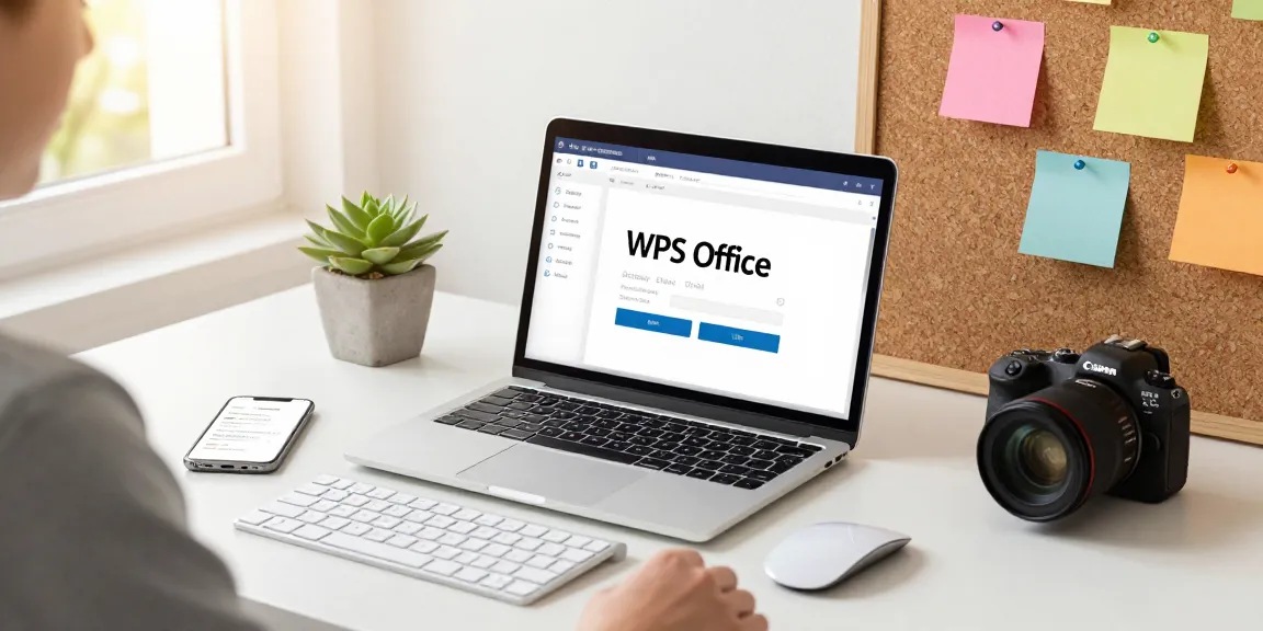 WPS Download in a modern home office setting highlighting software installation on a sleek laptop.