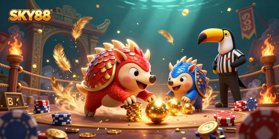SKY88 pangolins compete in a casino-themed bowling match surrounded by chips and confetti.