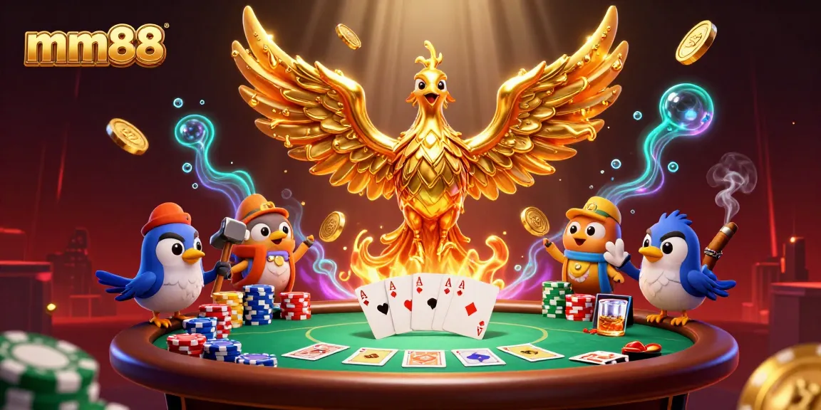 Experience thrilling mm88 action with a golden phoenix and poker elements in an electrifying 3D scene.
