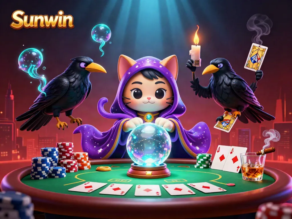 Engage with Sunwin, featuring an enchanting fortune teller cat, a raven with tarot cards, surrounded by vibrant poker elements and dynamic atmosphere.