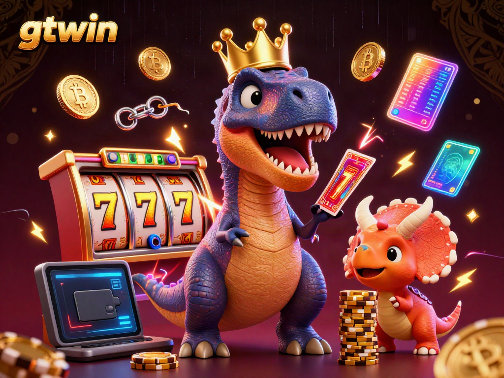 Join the excitement at gtwin with a friendly dinosaur dealer and iconic casino elements.