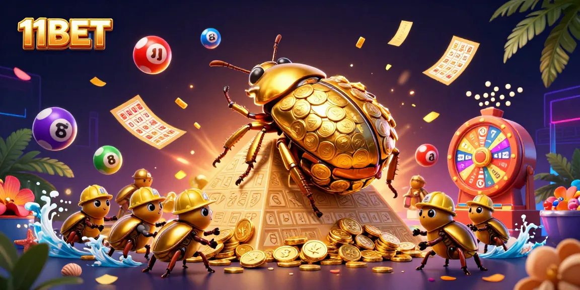 Experience the excitement of 11BET with vibrant lottery elements and a dynamic golden beetle scene.