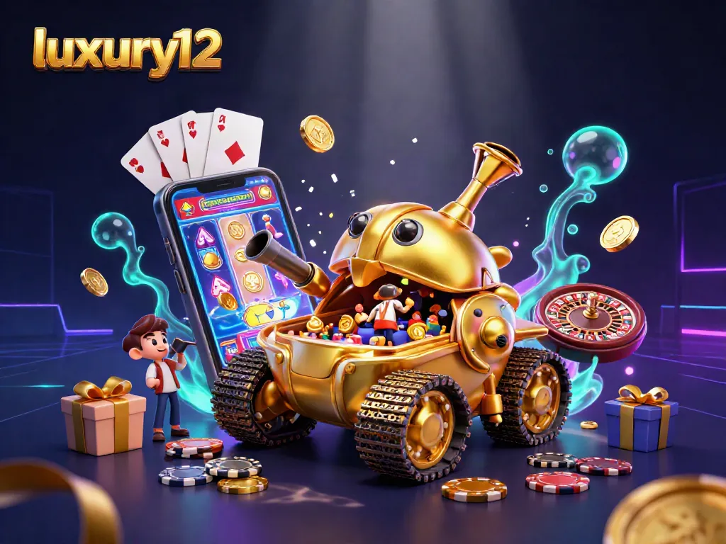 Engage with luxury12's vibrant casino atmosphere filled with games, golden coins, and fun.