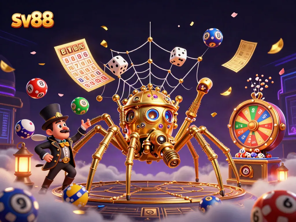 Experience excitement with sv88’s dynamic illustration featuring a golden spider web of chance and luck.