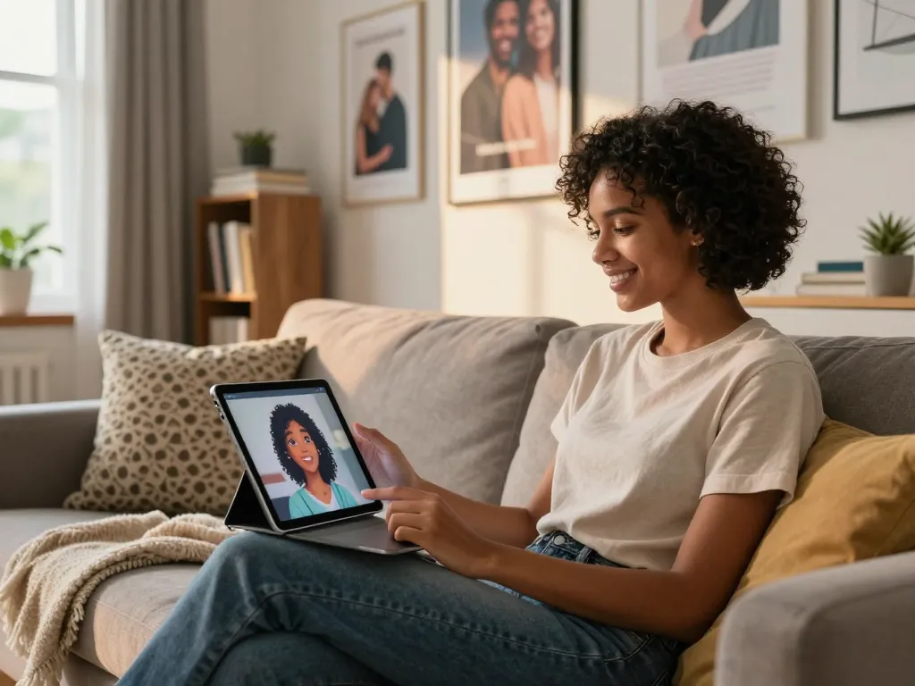A cozy living room scene with a user engaging with their girlfriend AI on a tablet, highlighting modern connection and companionship.