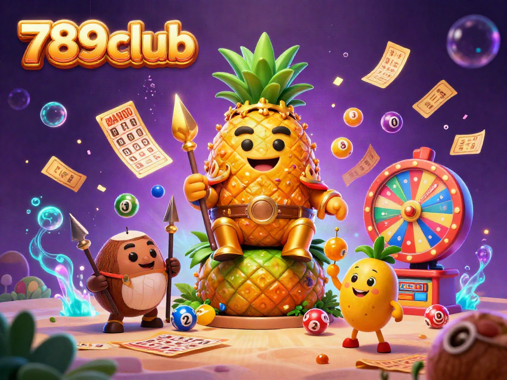 Experience the vibrant energy of 789club with the golden pineapple king and dynamic lottery game elements in this exciting casino illustration.