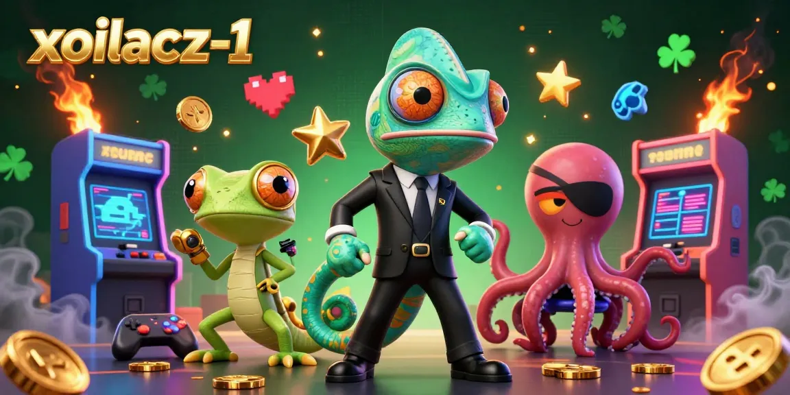 Xoilacz-1 showcases a vibrant scene with a chameleon and gecko amidst dynamic gaming elements in a casino setting.