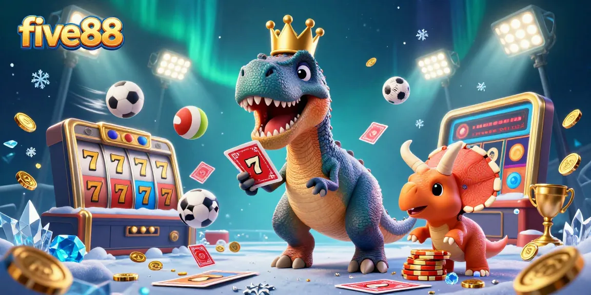Win big at five88 with a cartoon T-Rex playing cards while a triceratops stacks chips.