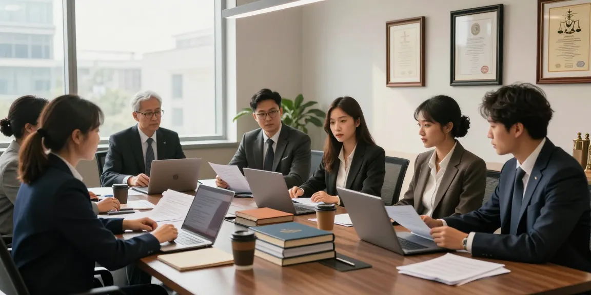 Legal team discussing good strategies in a modern office setting.