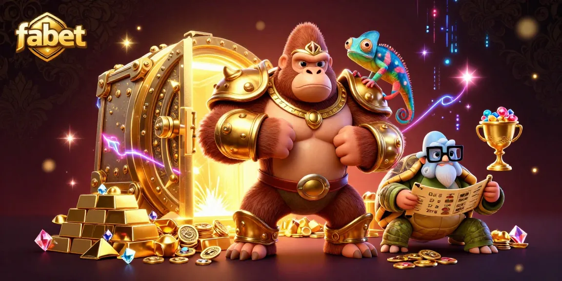 Experience the thrill at fabet with a dynamic scene of a gorilla king and a chameleon spy exploring golden treasures and gambling elements.