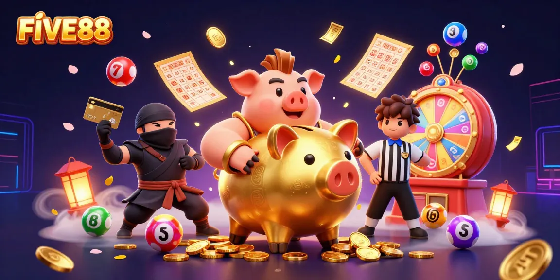 FIVE88 showcases an action-packed scene with a piggy bank sumo wrestler and vibrant gambling elements.