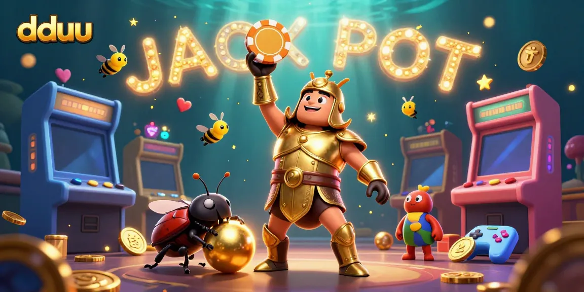 Celebrate wins at dduu with a victorious beetle lifting a poker chip among vibrant gaming elements.