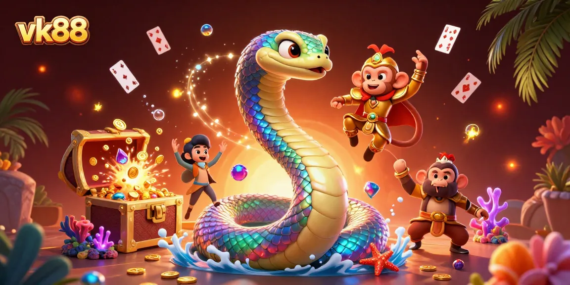 Experience vk88's vibrant casino world with 3D serpent and treasure elements.