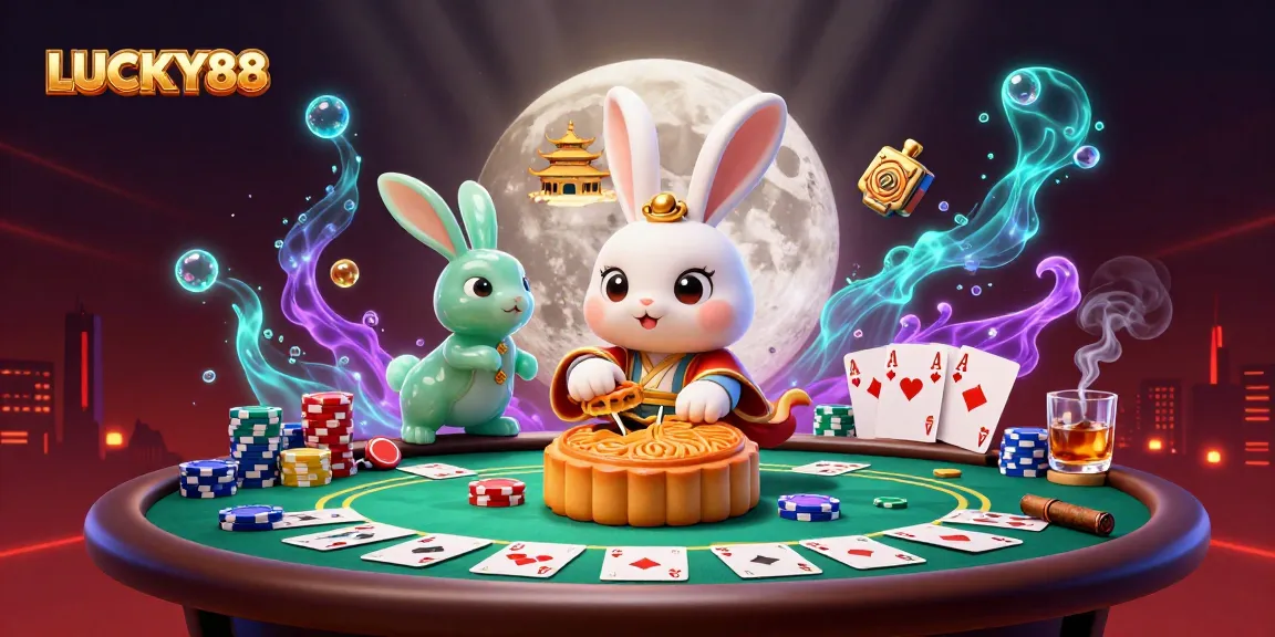 LUCKY88 offers exciting casino experiences featuring dynamic poker scenes with a whimsical moon rabbit.