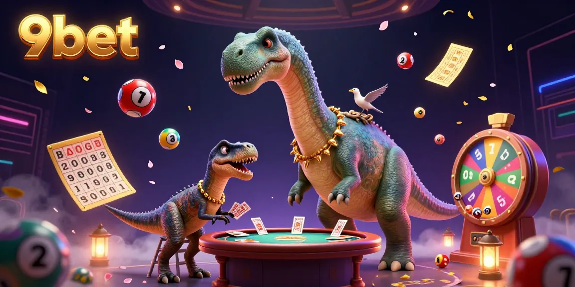 Engage with the vibrant world of 9bet, featuring colorful lottery balls and a brontosaurus in a casino.
