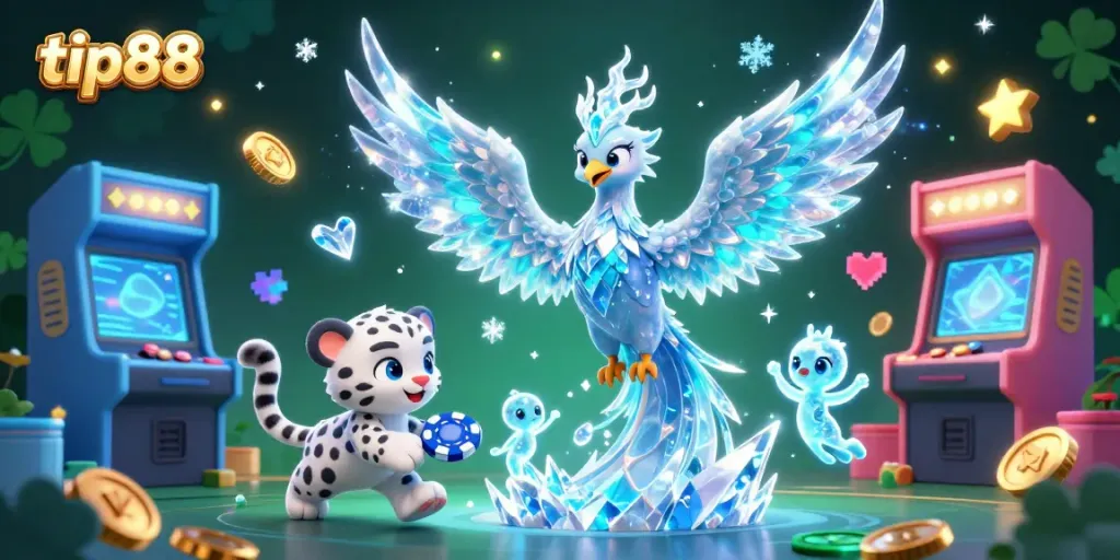 Engage with tip88's vibrant casino world, featuring playful ice phoenix and unique gaming elements.