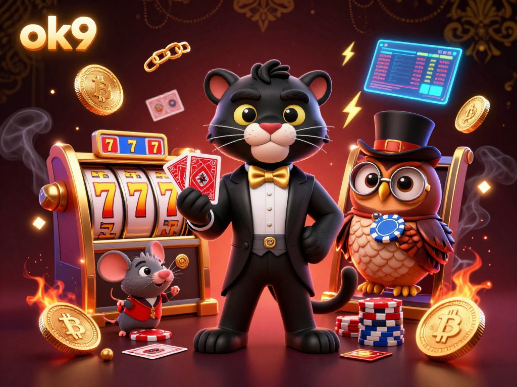 Engage with ok9's vibrant online casino using stylish characters, slot game elements, and glowing crypto coins.