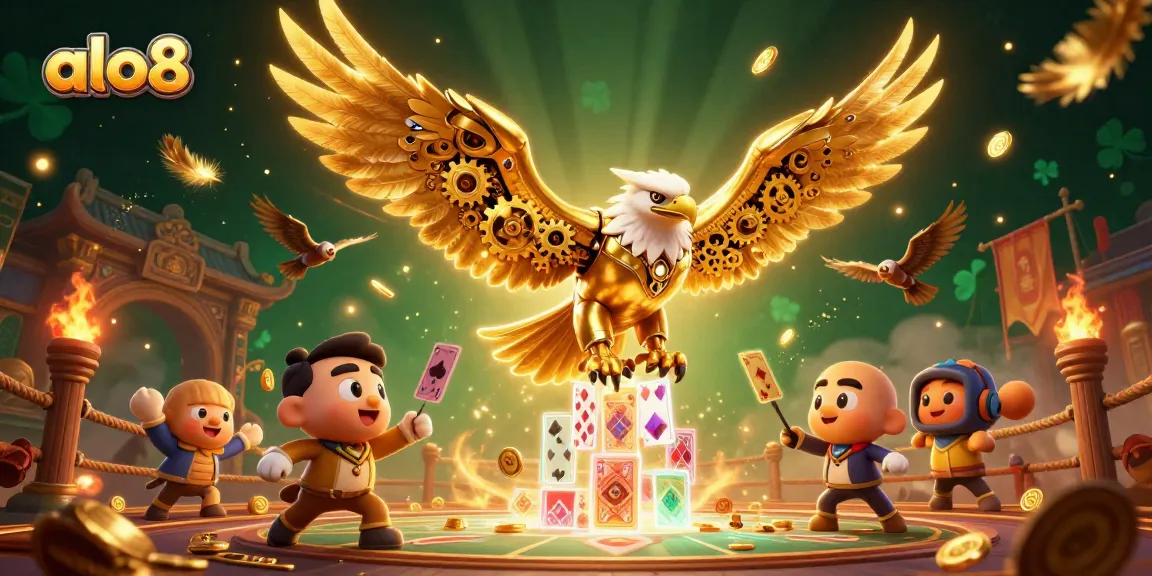 Experience the thrill of alo8 as a cybernetic eagle dives through cascading cards, rich in gambling elements.
