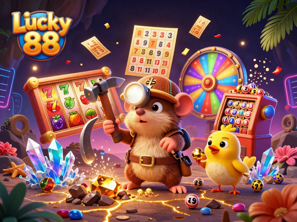 Experience Lucky 88 action with vibrant slot elements and treasure characters in a dynamic casino scene.
