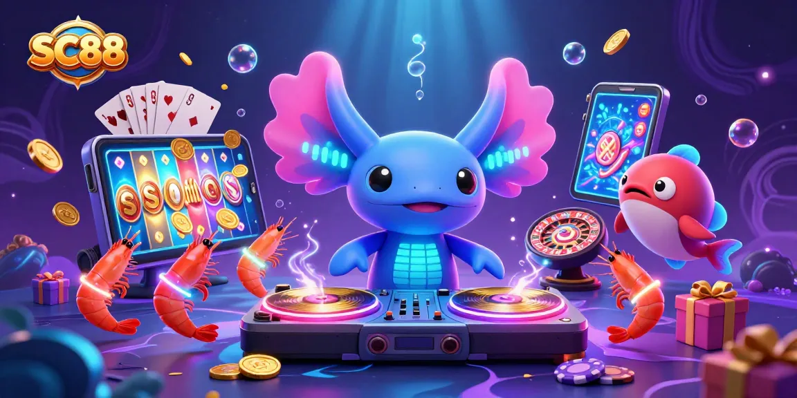 Experience the vibrant SC88 casino scene with a neon axolotl DJ and thrilling game elements.