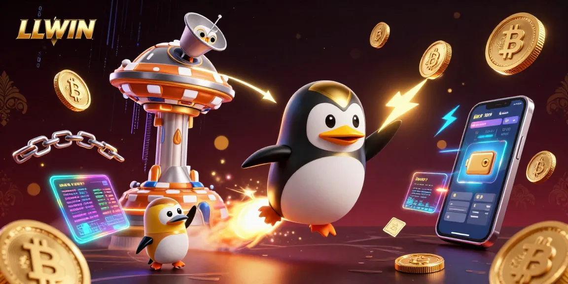 Engage with LLWIN's exciting gaming experience, featuring a golden penguin and casino-themed elements.