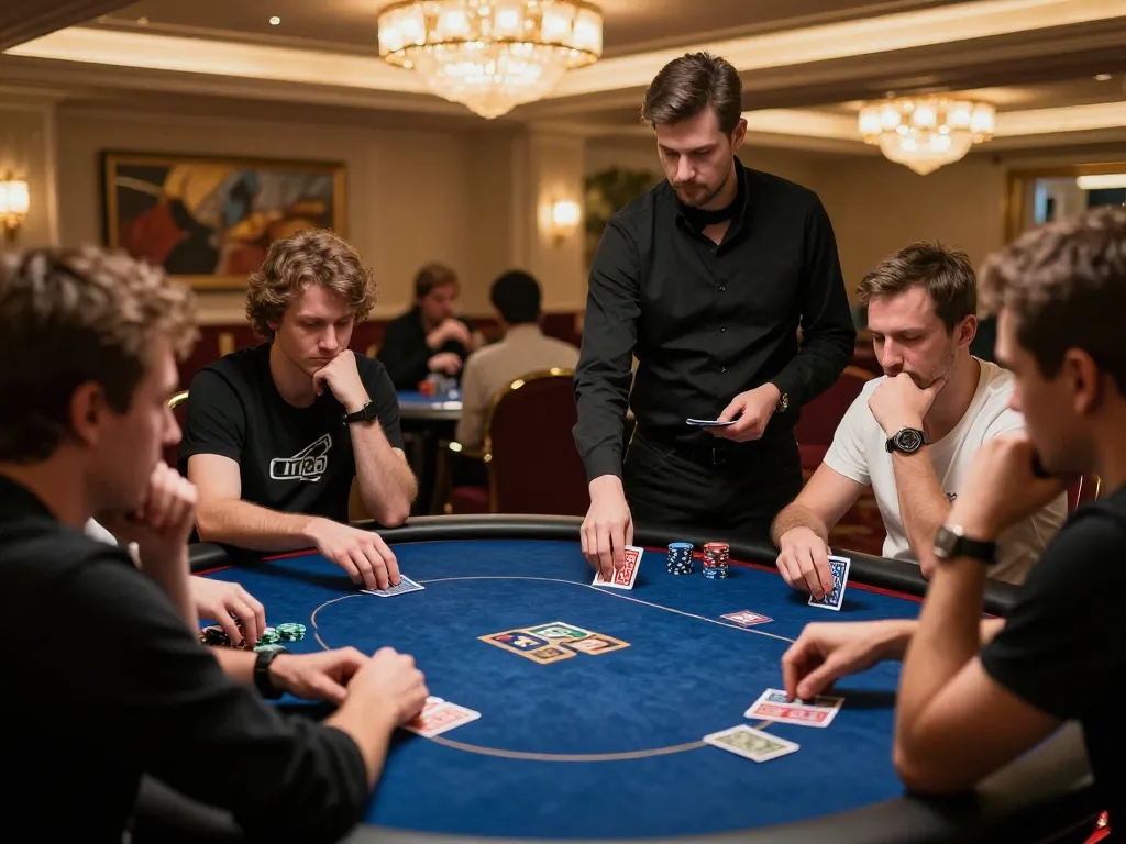 CM88 poker game in a luxurious casino, players strategizing hard at the table with cards in hand.