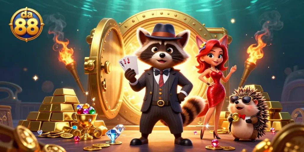 Experience excitement with da 88 in this vibrant casino illustration featuring charming characters and luxurious treasures.