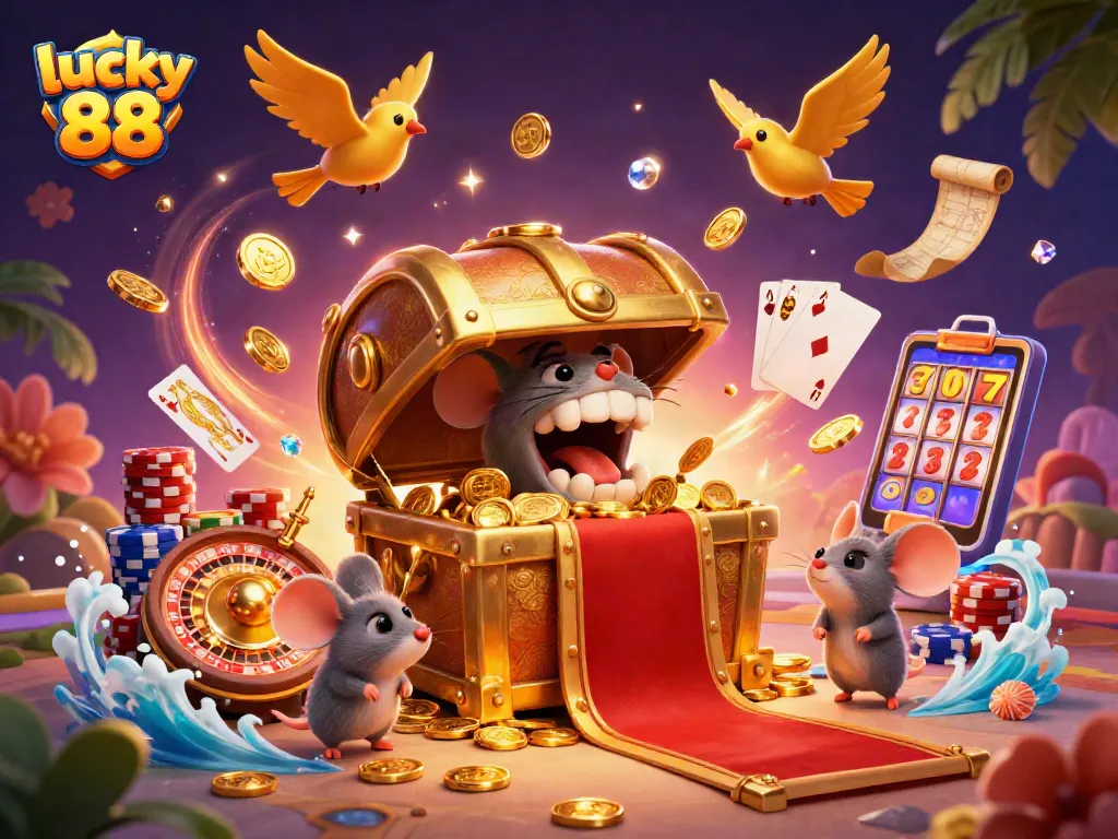 Experience the excitement of lucky 88 with a golden treasure chest and vibrant casino elements!