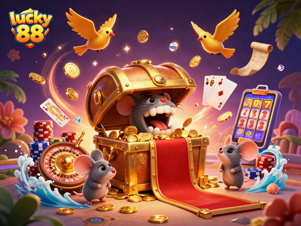 Experience the excitement of lucky 88 with a golden treasure chest and vibrant casino elements!
