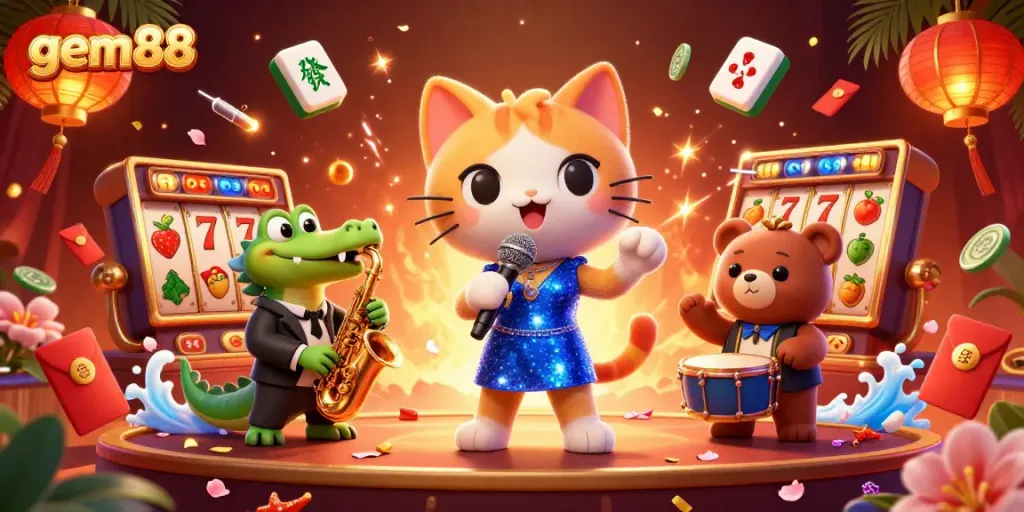 Engage with gem88 for thrilling slots and jackpots in an animated casino scene full of excitement.