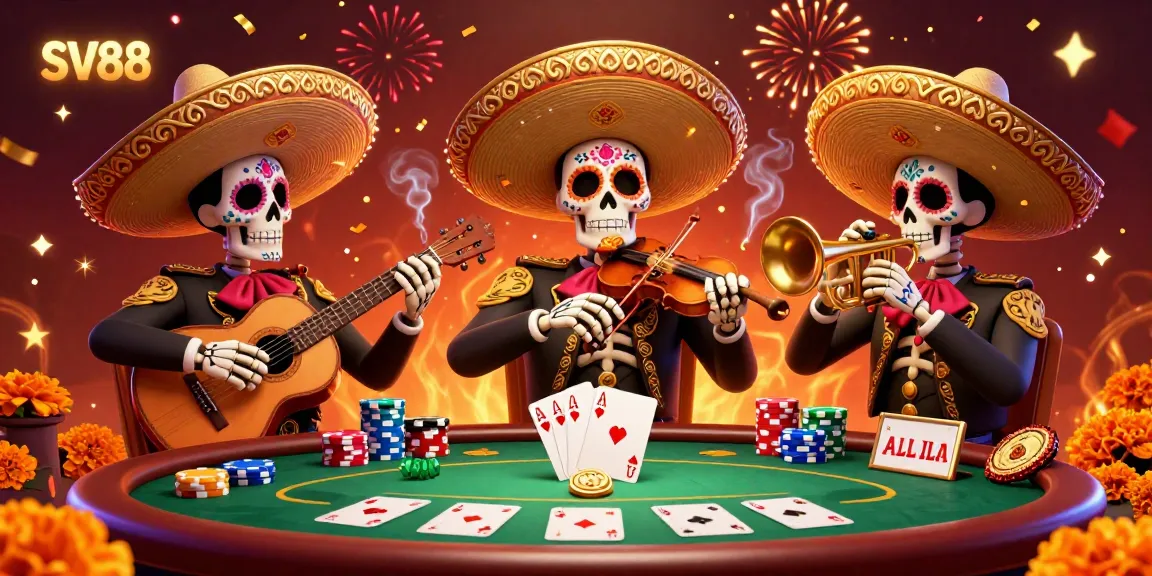 Experience the vibrant SV88 casino magic with mariachi skeletons at a lively poker table.
