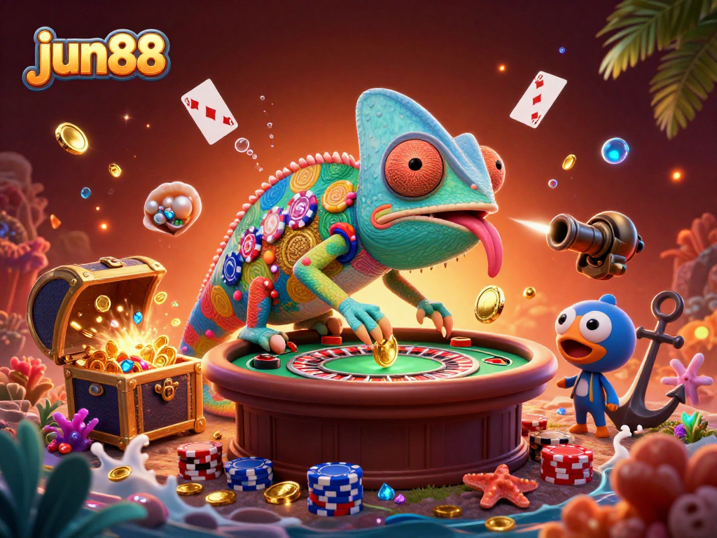 Win big at jun88 as the chameleon casino owner snaps up gold coins in a vibrant 3D scene