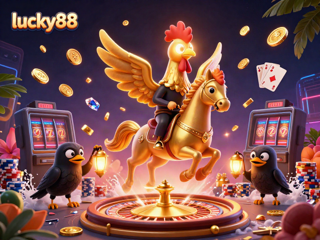 Experience lucky88 with vibrant casino action featuring golden rooster, coins, and sparkling gems.
