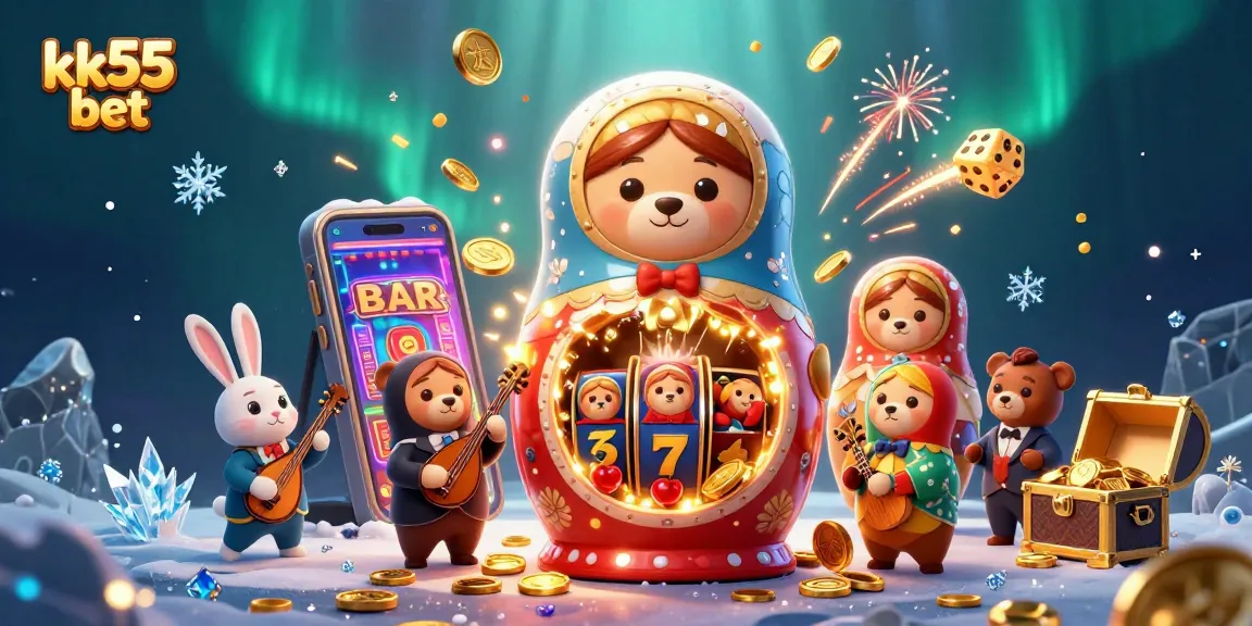 Experience the excitement of kk55 bet with a vibrant casino scene featuring characters and festive elements.