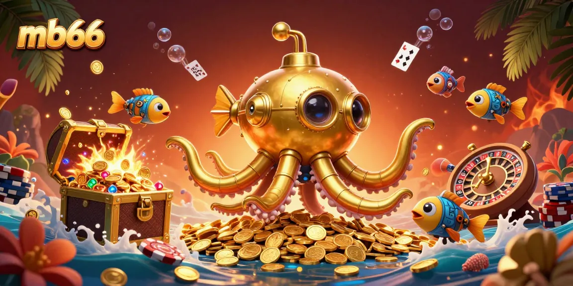 mb66 players engage in thrilling poker action with an extravagant kraken submarine and treasure.