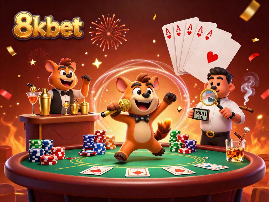 Hyenas host a comedy club at 8xbet, showcasing poker and vibrant casino elements.