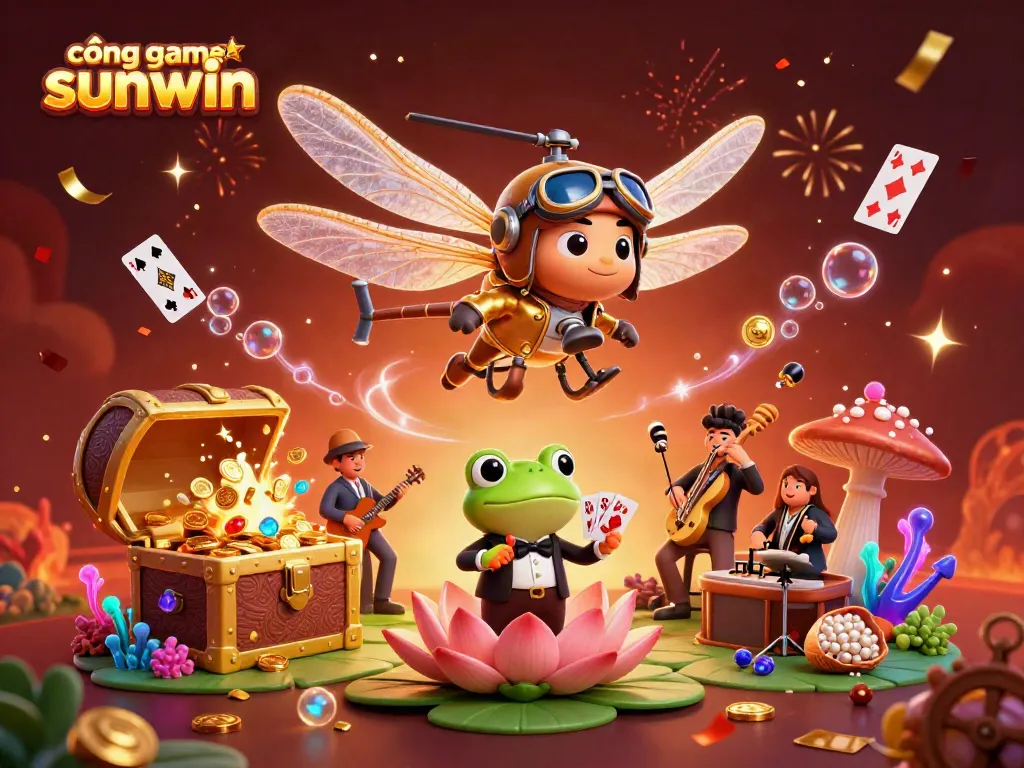 Engaging scene of cổng game sunwin with a dragonfly pilot, frog croupier, and jazz musicians amidst vibrant casino elements.