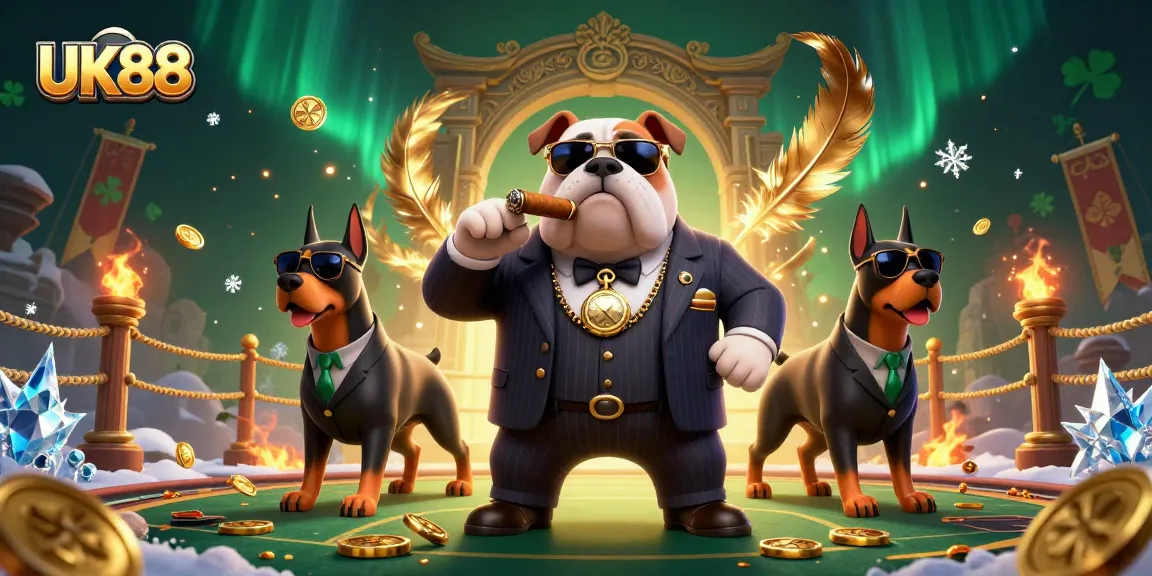 Engage with UK88's vibrant casino scene featuring mafia bulldog and bodyguards.