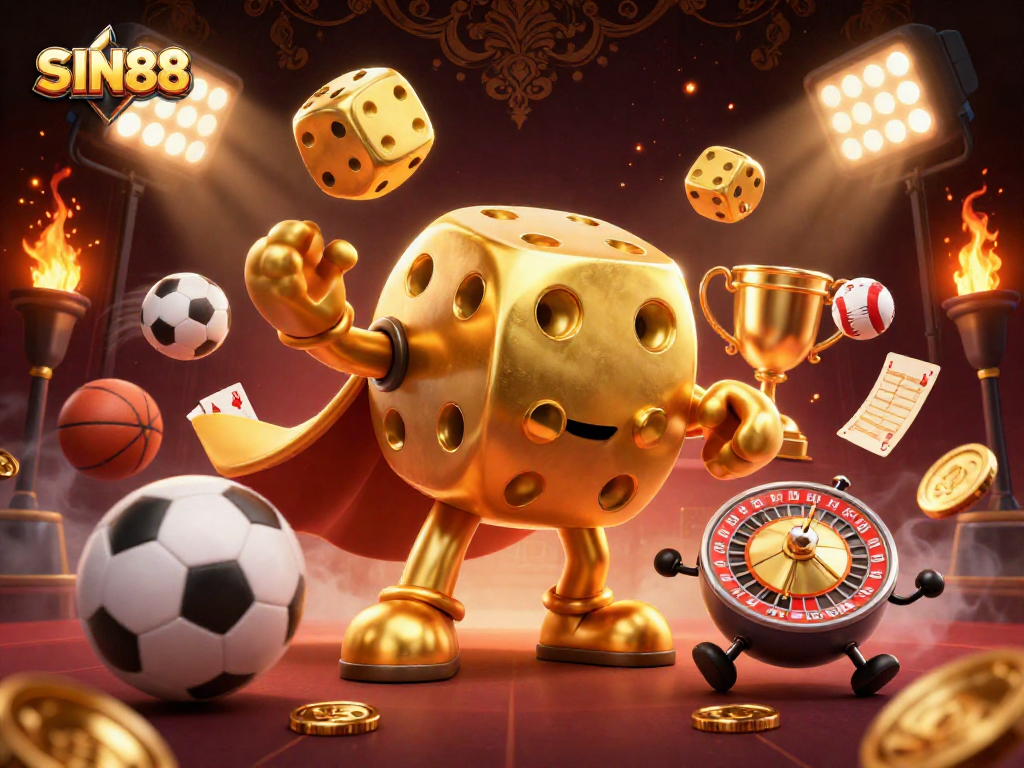 SIN88 showcases a golden dice golem and a roulette-ball head in a vibrant betting scene.
