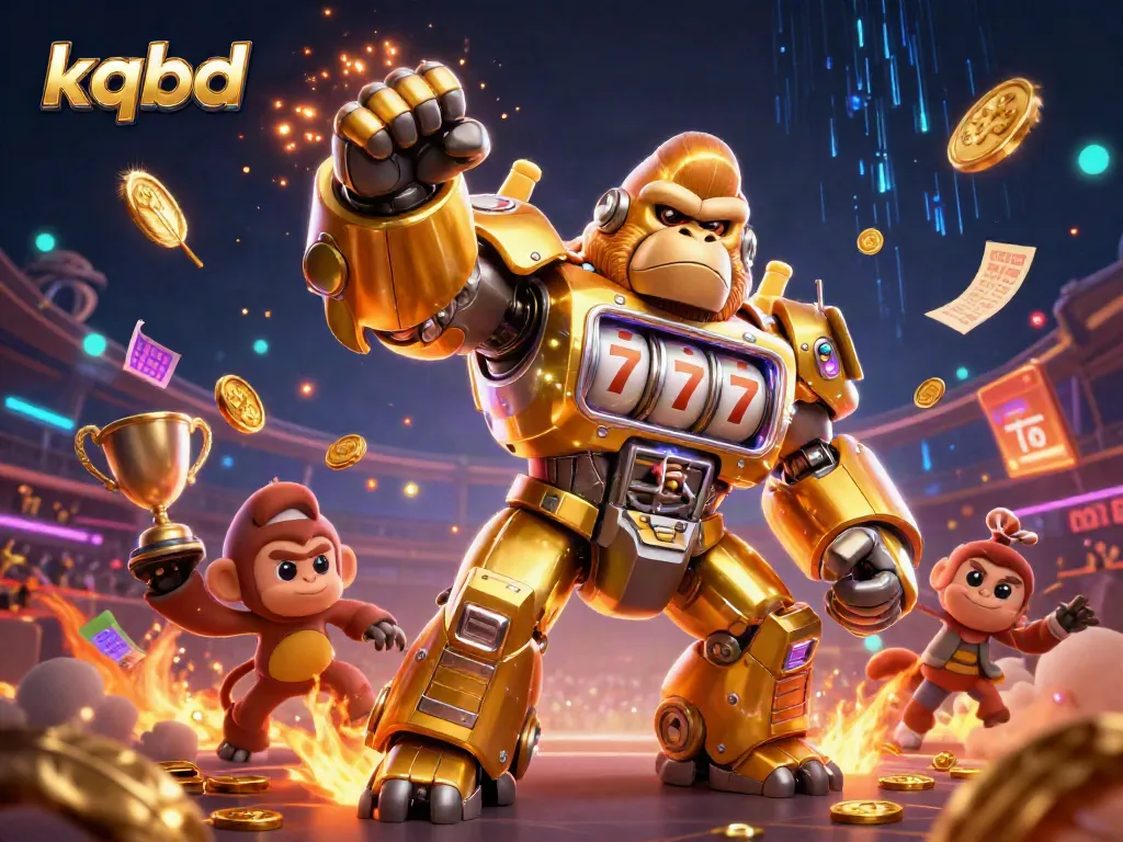 Experience kqbd with a dynamic illustration of a golden gorilla mech celebrating sports betting wins, surrounded by rich casino elements.