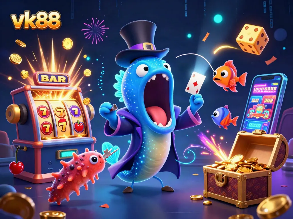 Experience vk88's vibrant casino atmosphere with a magical deep-sea eel performing thrilling card tricks.