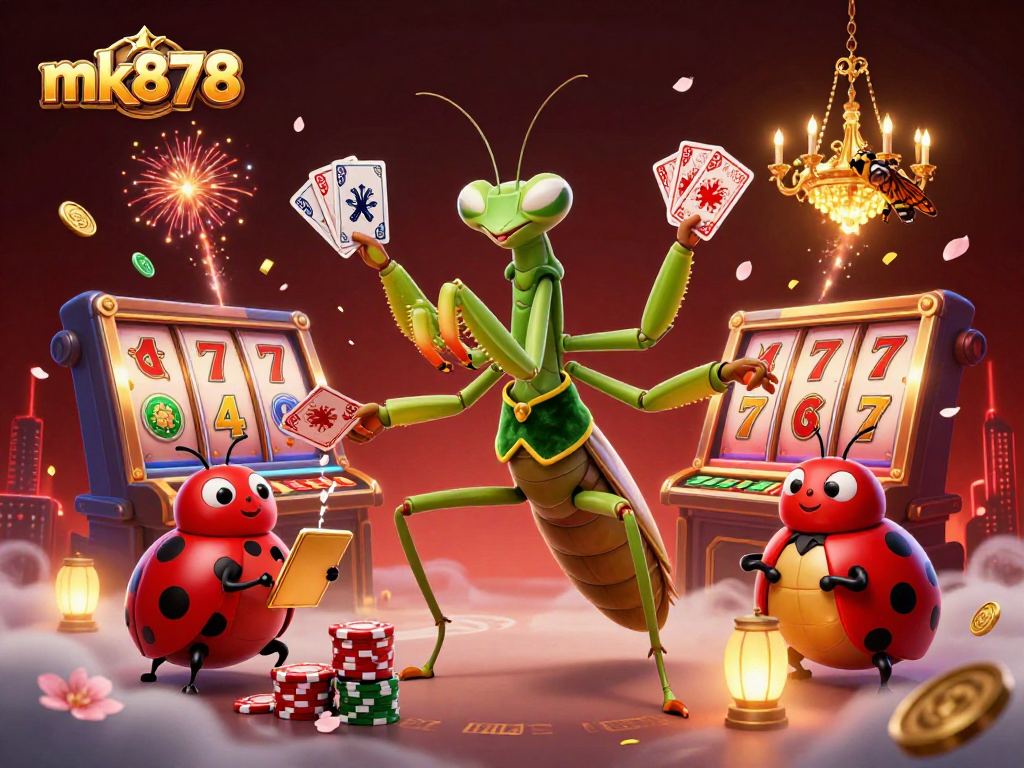 Engage in thrilling mk878 casino action with a giant praying mantis card sharp and ladybug pit boss