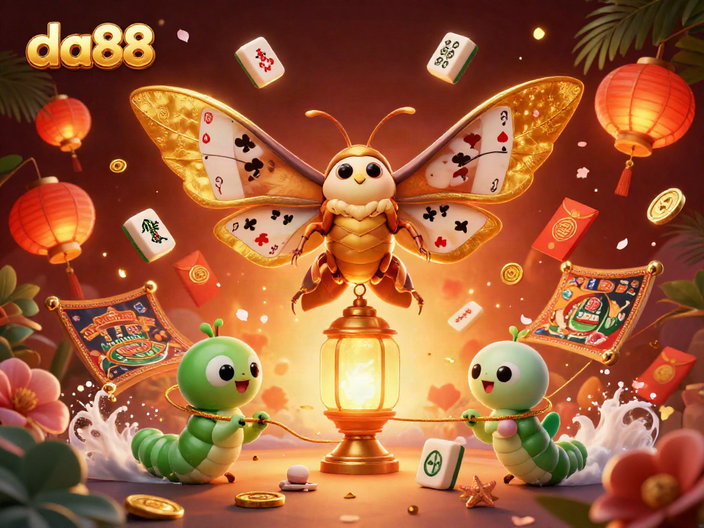 Engage with da88 experiences, highlighting vibrant casino elements like golden moth and lantern amidst a festive backdrop.