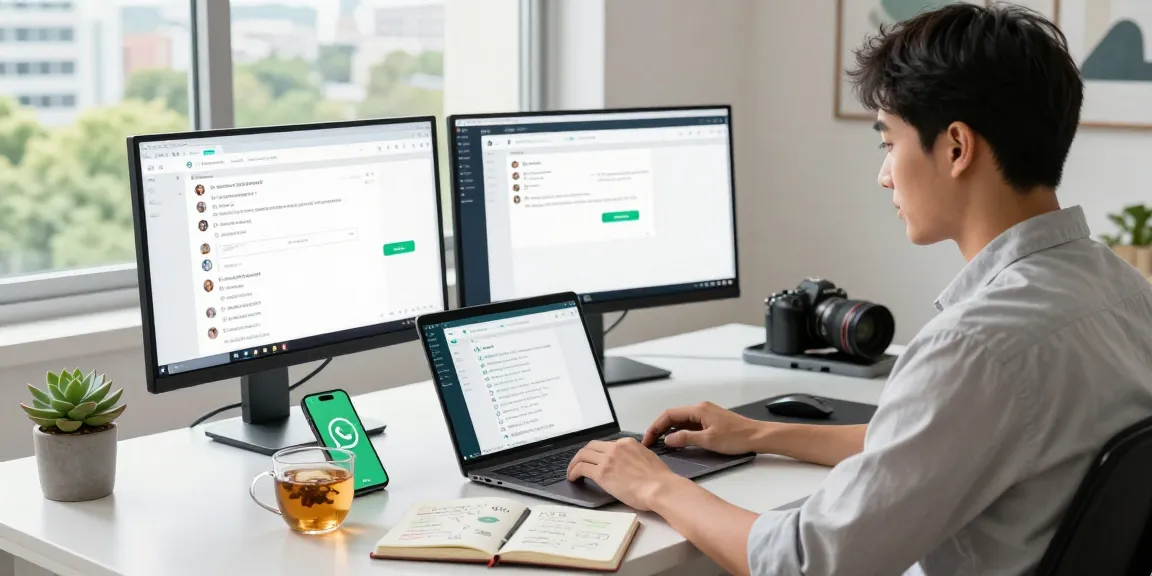 Young professional using WhatsApp網頁版 on a laptop in a stylish home office