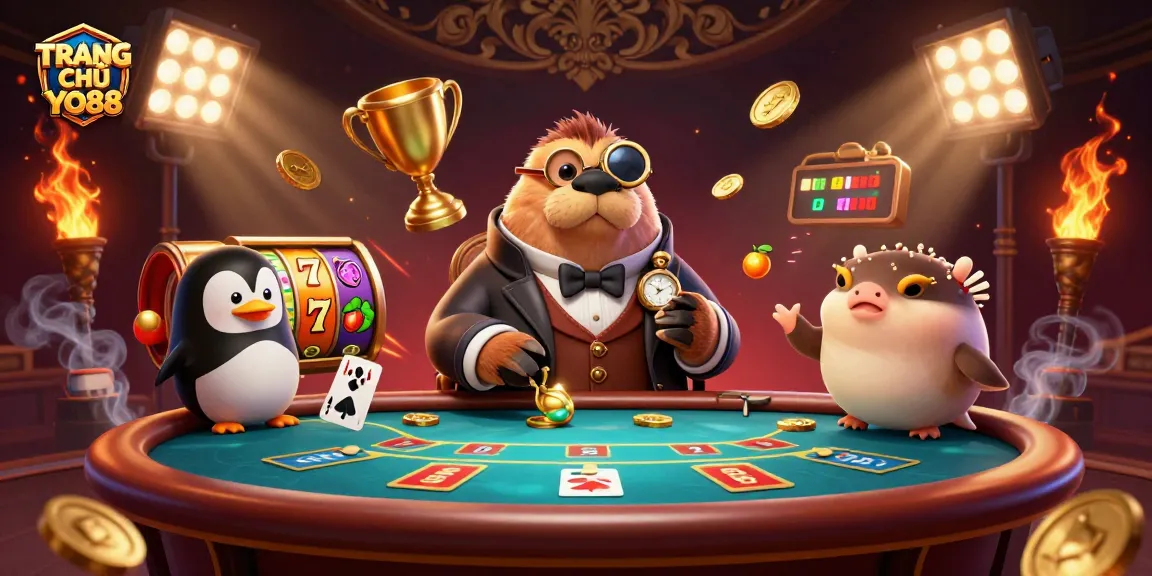 Experience the excitement of TRANG CHỦ YO88 as a walrus, dealer penguin, and bluffing pufferfish play a thrilling underwater poker game.