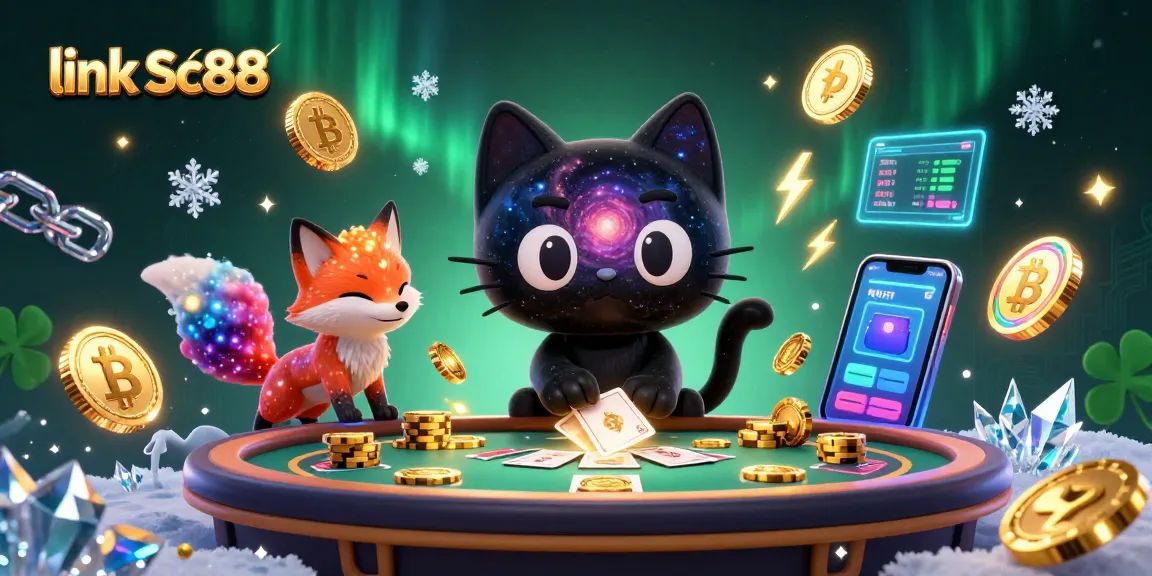 Experience link Sc88's cosmic casino adventure with a black hole cat and nebula fox character.