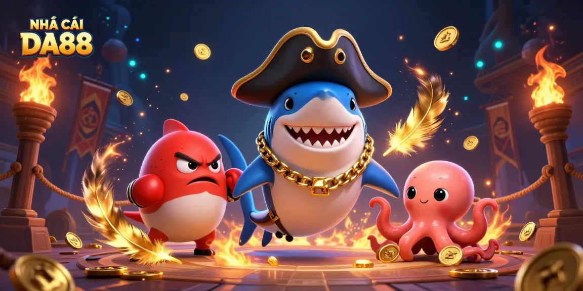 Engage with gaming excitement at NHÀ CÁI DA88 featuring a pirate shark, pufferfish, and octopus.