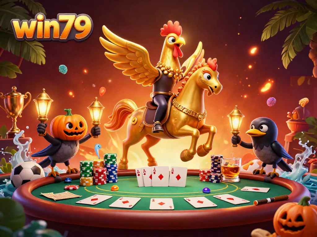 Experience the thrill of win79 sports betting illustrated with a golden rooster character in a vibrant casino.